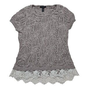 INC Sweater Womens XL Gray Floral Crochet Lace Short Sleeve Pullover Knit Top